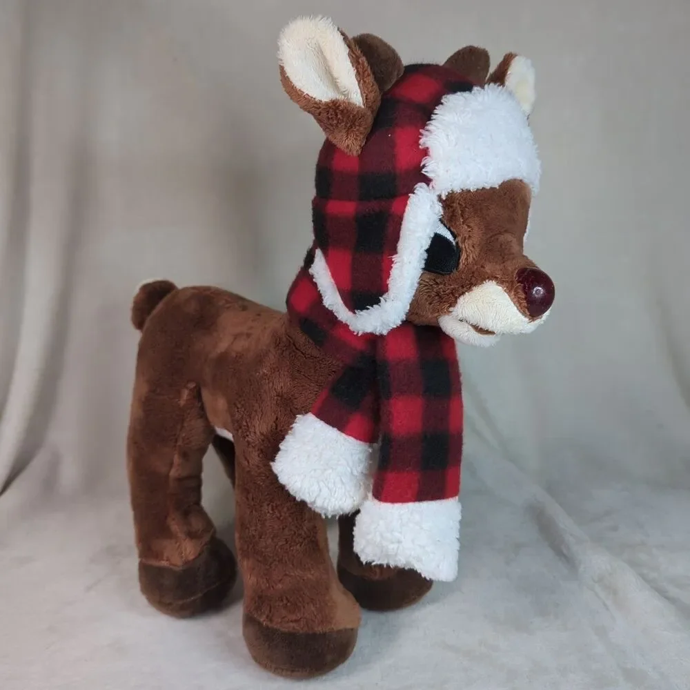 Rudolph The Red Nose Reindeer 14 in. Plaid Hunter Hat/Scarf Plush DanDee